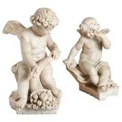 Two Louis XV Period Rococo Style Marble Sculptures of Cherubs