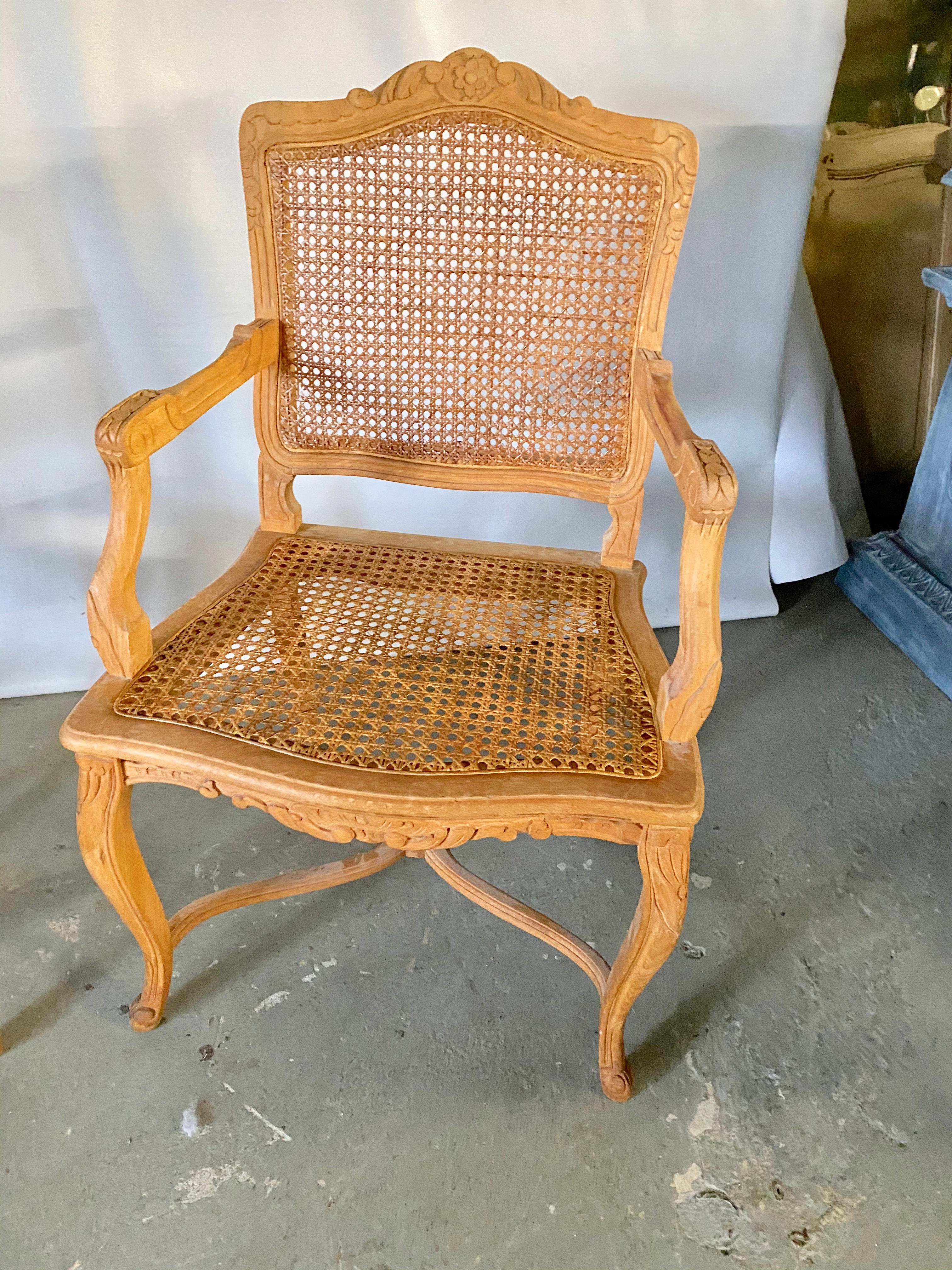 Carved Two Louis XV Provincial Country Style Caned Seat Dining Chairs