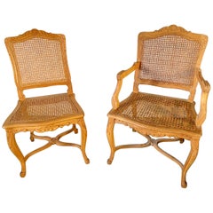 Antique Two Louis XV Provincial Country Style Caned Seat Dining Chairs
