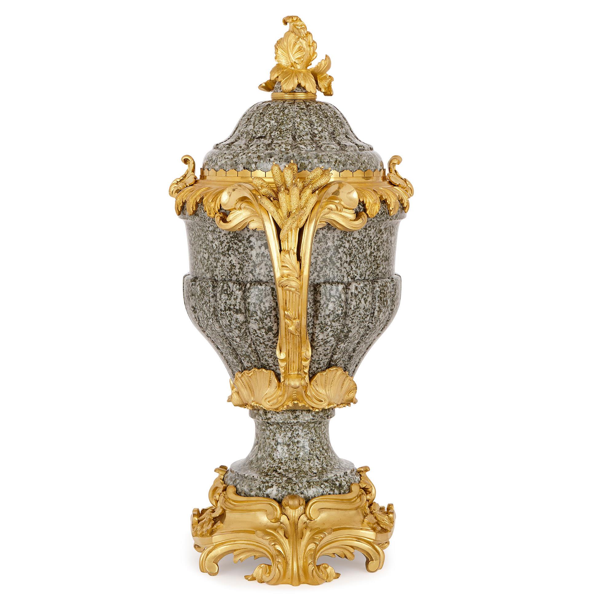 French Two Louis XV Style Grey Marble and Gilt Bronze Vases