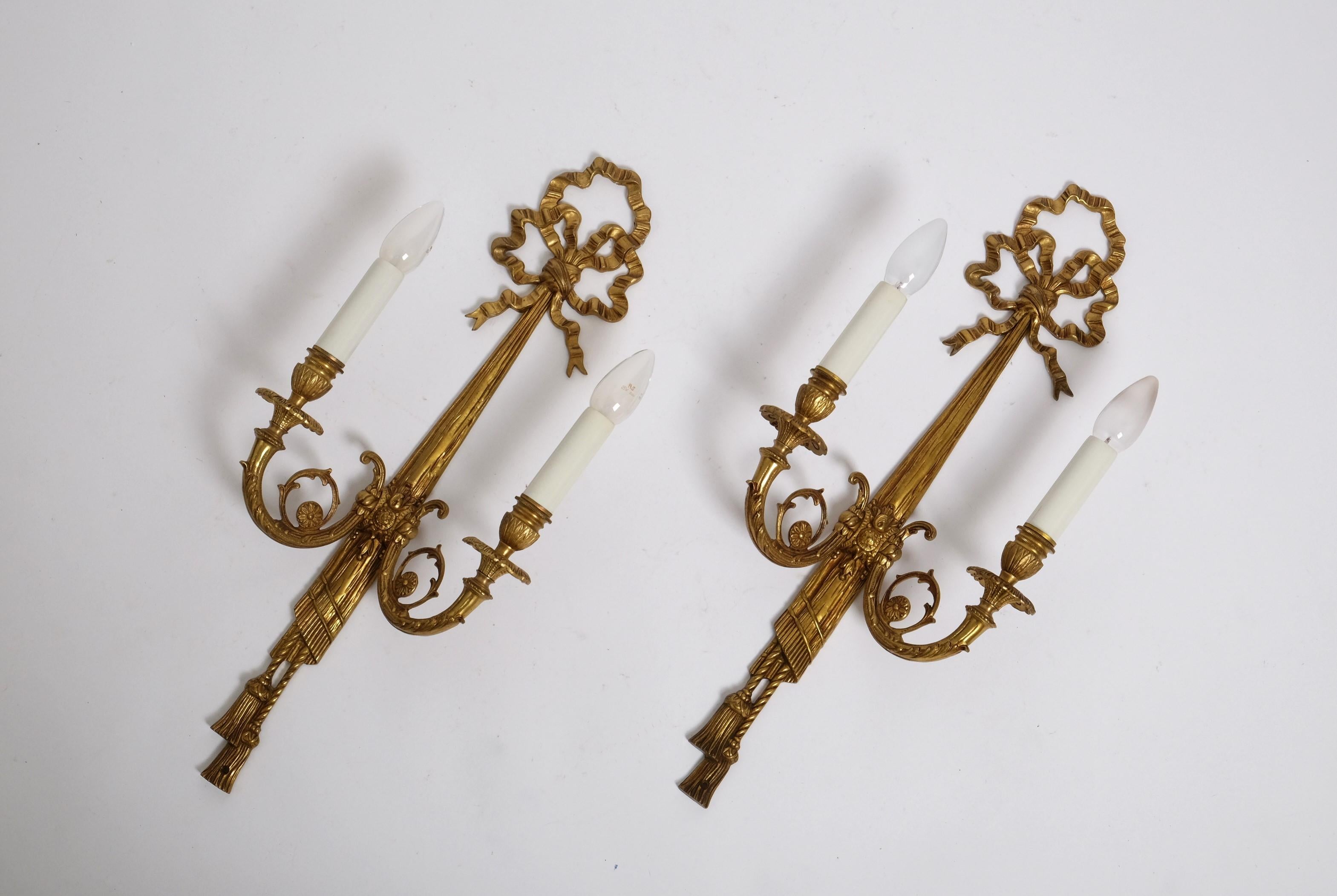 French Two Louis XVI Revival Bow & Tassel Sconces France 1950s For Sale