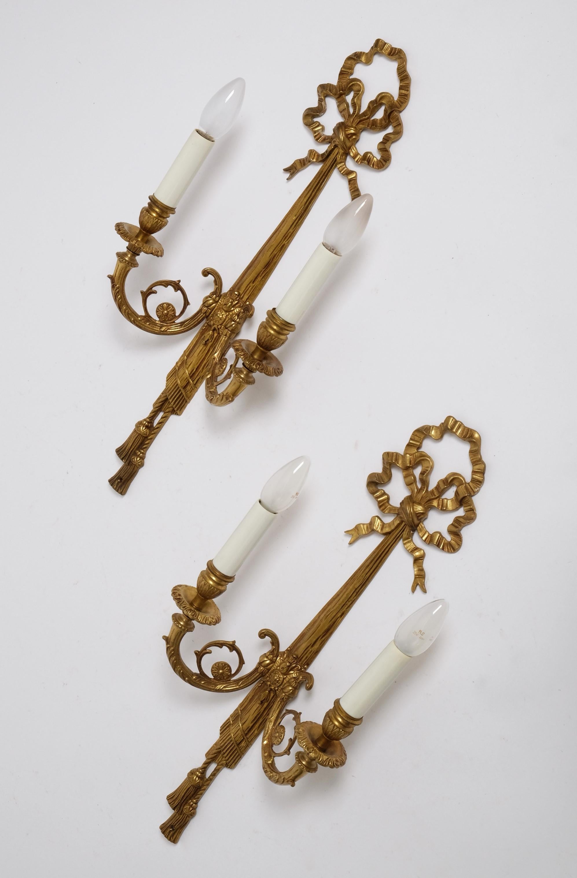 Mid-20th Century Two Louis XVI Revival Bow & Tassel Sconces France 1950s For Sale