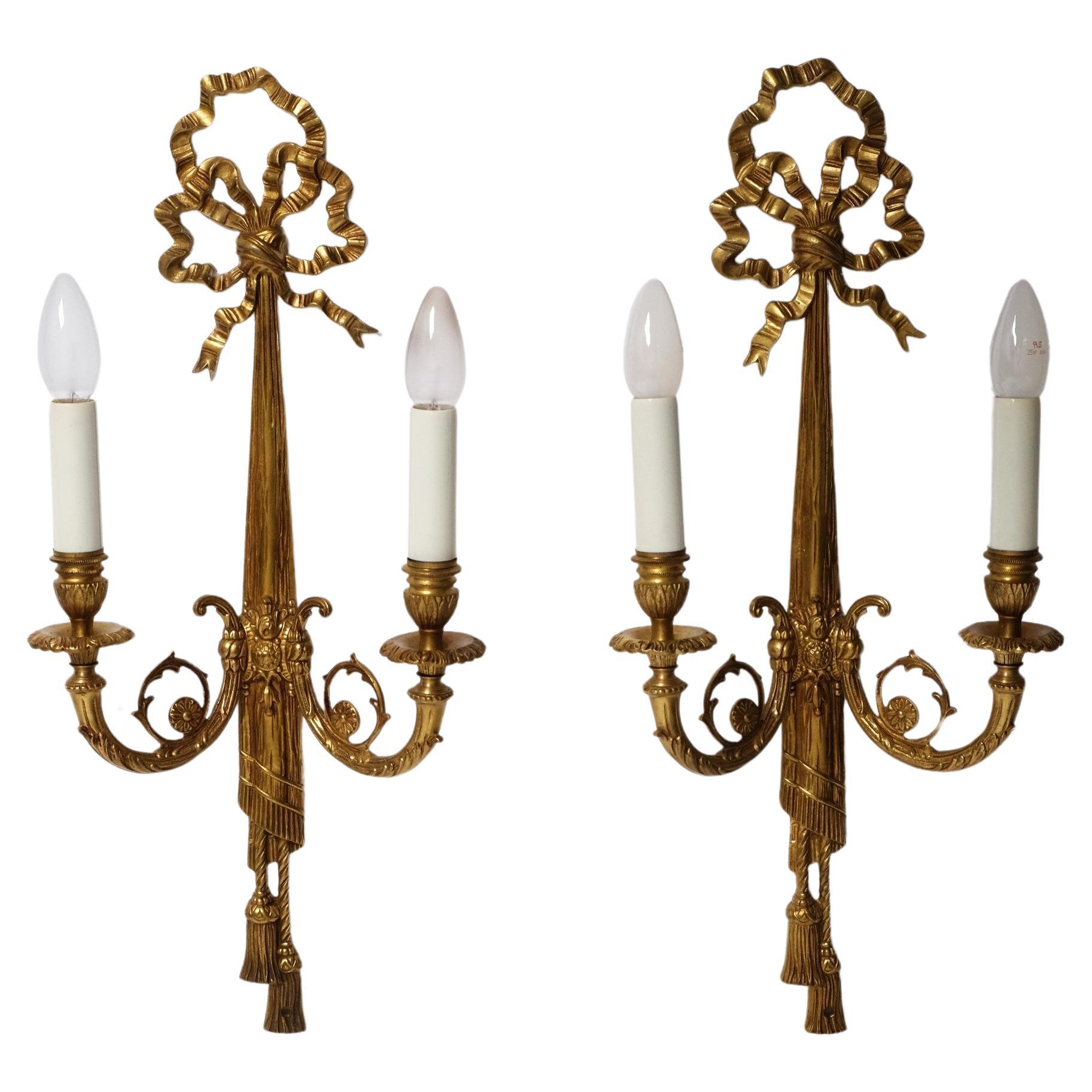 Two Louis XVI Revival Bow & Tassel Sconces France 1950s For Sale