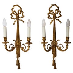 Two Louis XVI Revival Bow & Tassel Sconces France 1950s