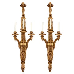 Two Louis XVI Style Carved Giltwood Wall Sconces