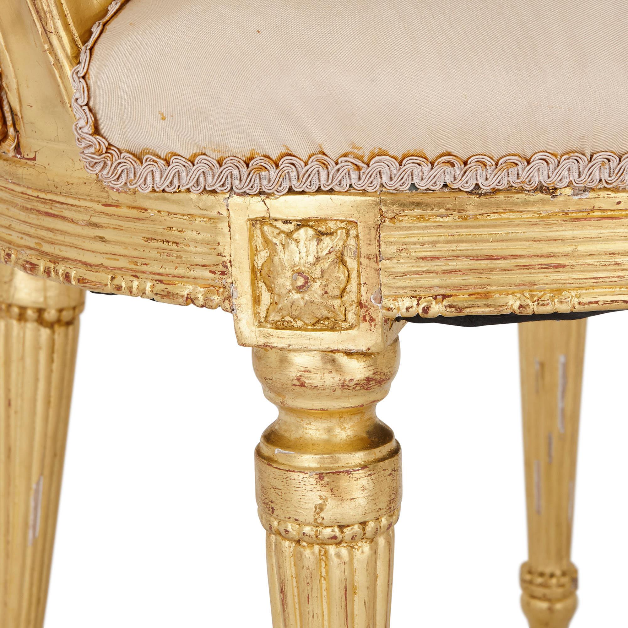 French Two Louis XVI Style Giltwood Upholstered Fauteuil Armchairs For Sale