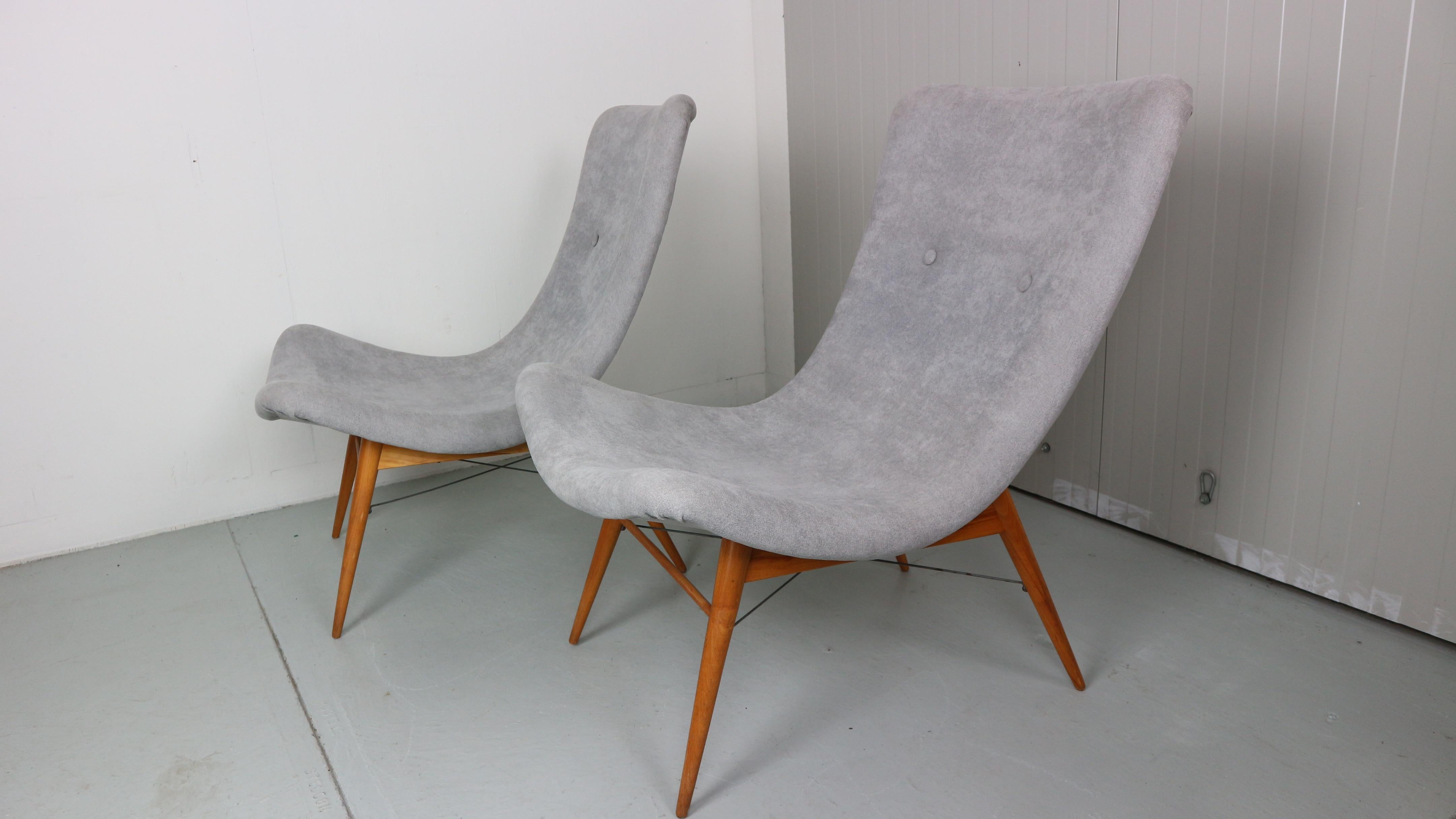Mid-Century Modern Two Lounge Chairs by Miroslav Navratil, Newly upholstered, 1959s For Sale