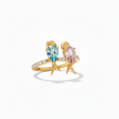 Two Love birds 14k Gold Ring - Blue and Pink birds ring