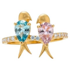 Two Love birds 14k Gold Ring - Blue and Pink birds ring