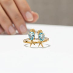 Two Love birds 14k Gold Ring - Blue birds ring