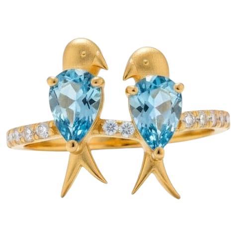 Two Love birds 14k Gold Ring - Blue birds ring