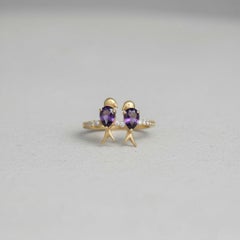 Two Love birds 14k Gold Ring - Purple birds ring