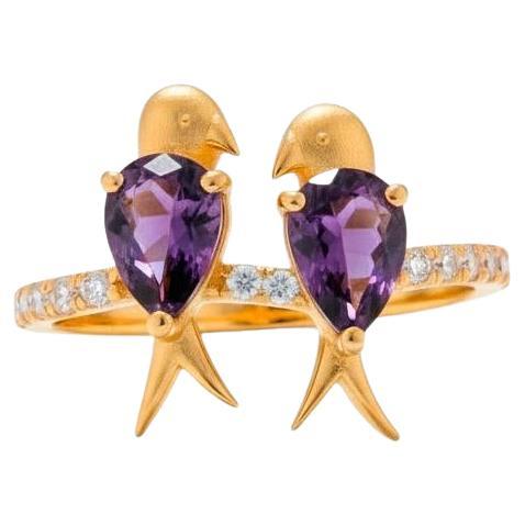 For Sale:  Two Love birds 14k Gold Ring - Purple birds ring