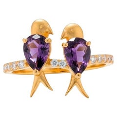 Two Love birds 14k Gold Ring - Purple birds ring