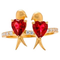Two Love birds 14k Gold Ring - Red birds ring