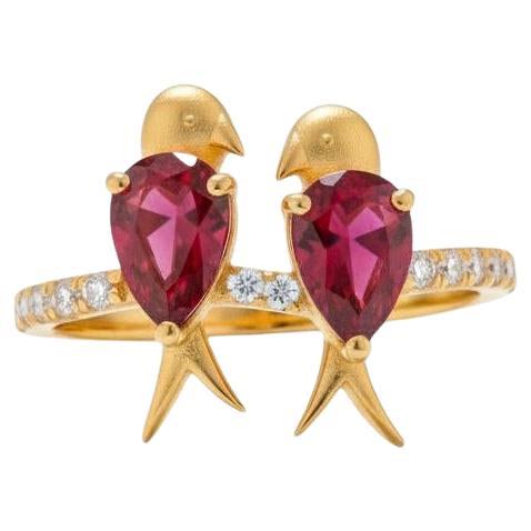 For Sale:  Two Love birds 14k Gold Ring - Red birds ring