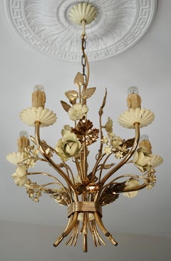 Two Lovely Gilt Brass Flower Leaves Chandelier, Italy, circa 1950s