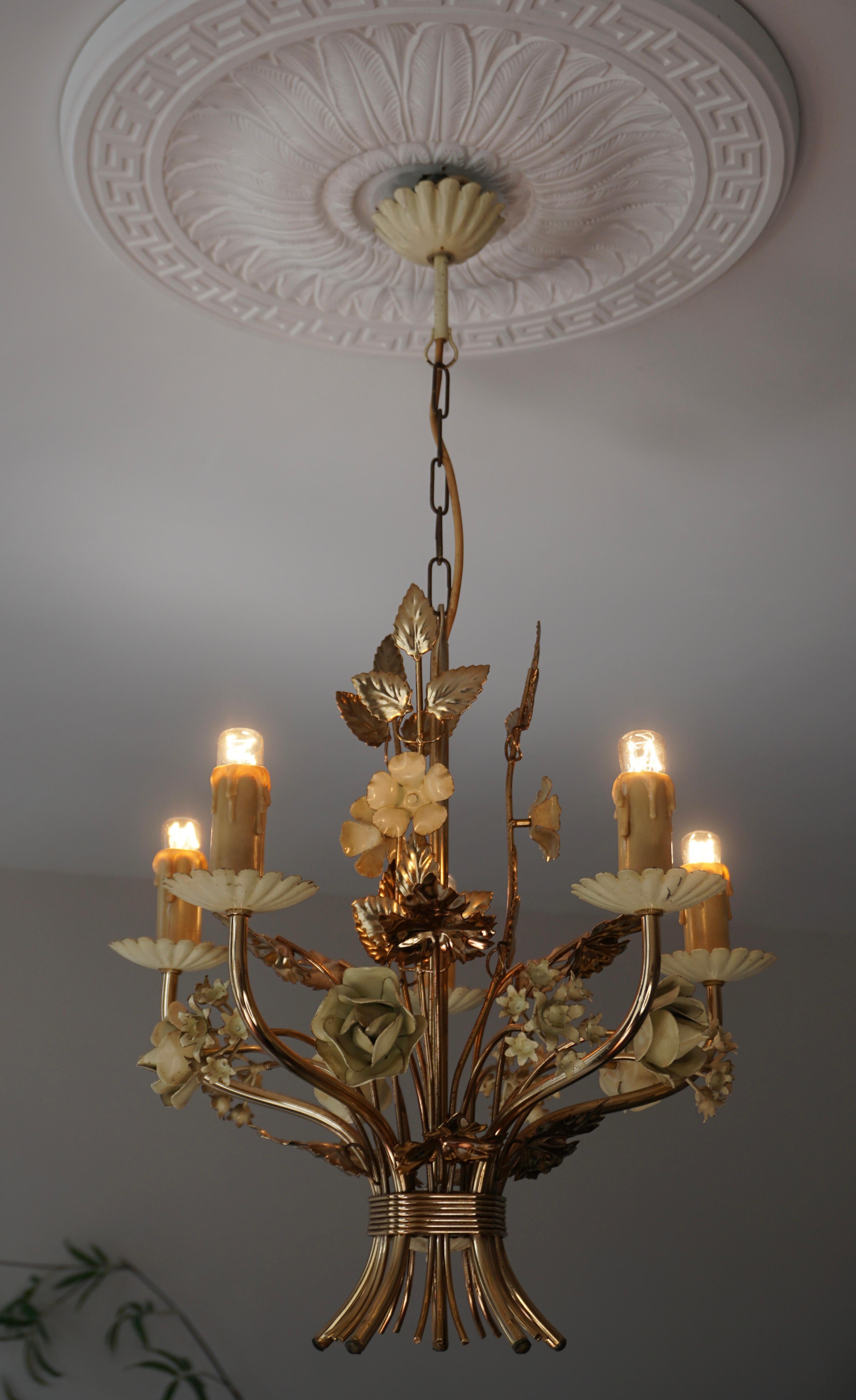 Painted Two Lovely Gilt Brass Flower Leaves Chandelier, Italy, circa 1950s For Sale