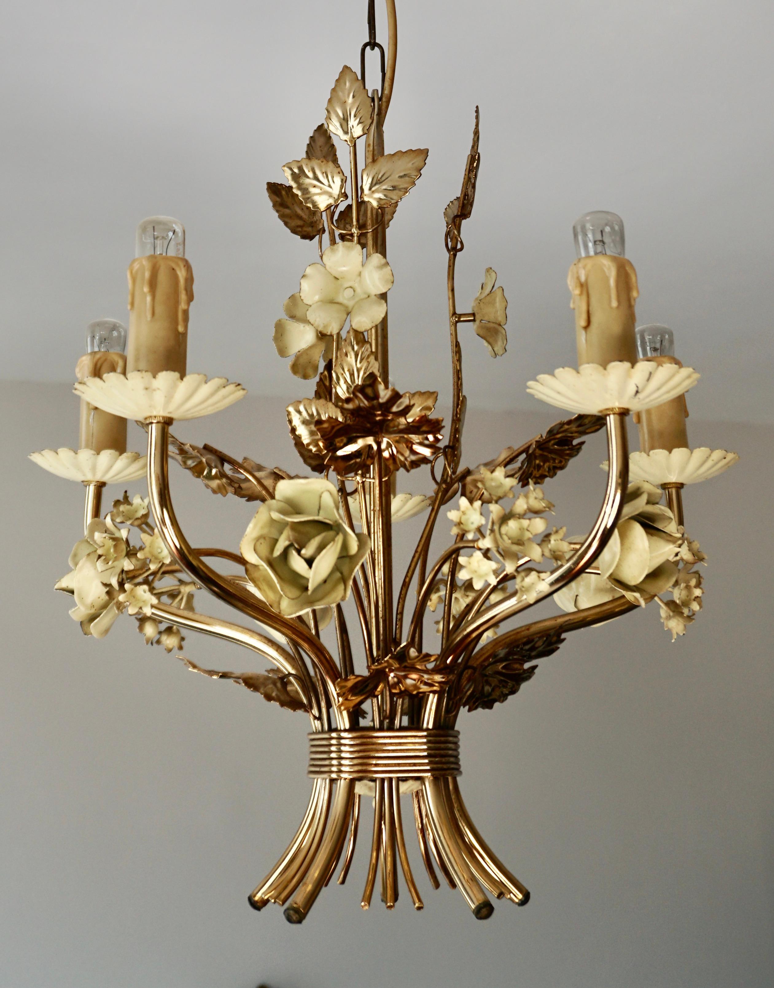 Metal Two Lovely Gilt Brass Flower Leaves Chandelier, Italy, circa 1950s For Sale
