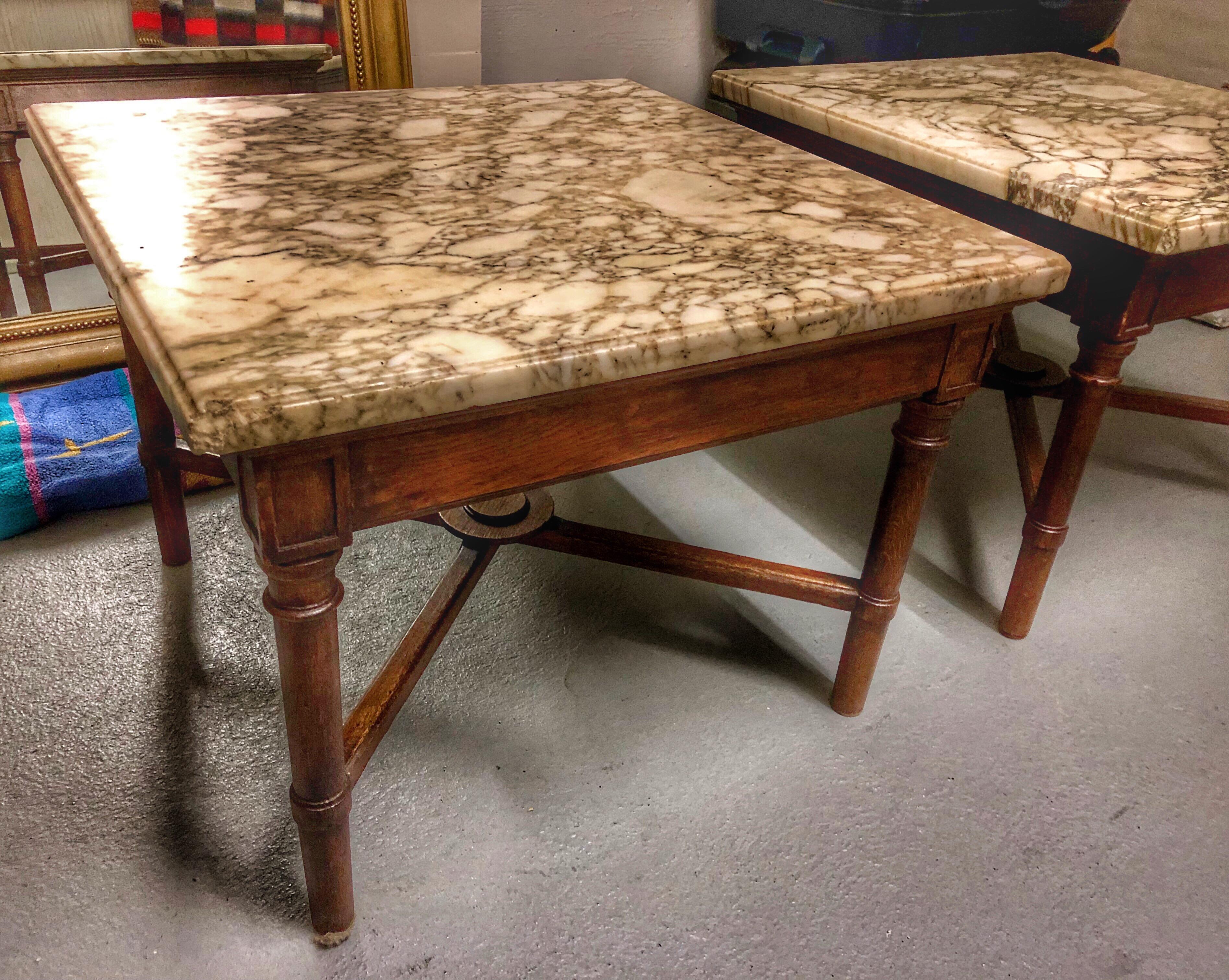 Mid-Century Modern Two Low Square Wood Marble Tables, France, circa 1960