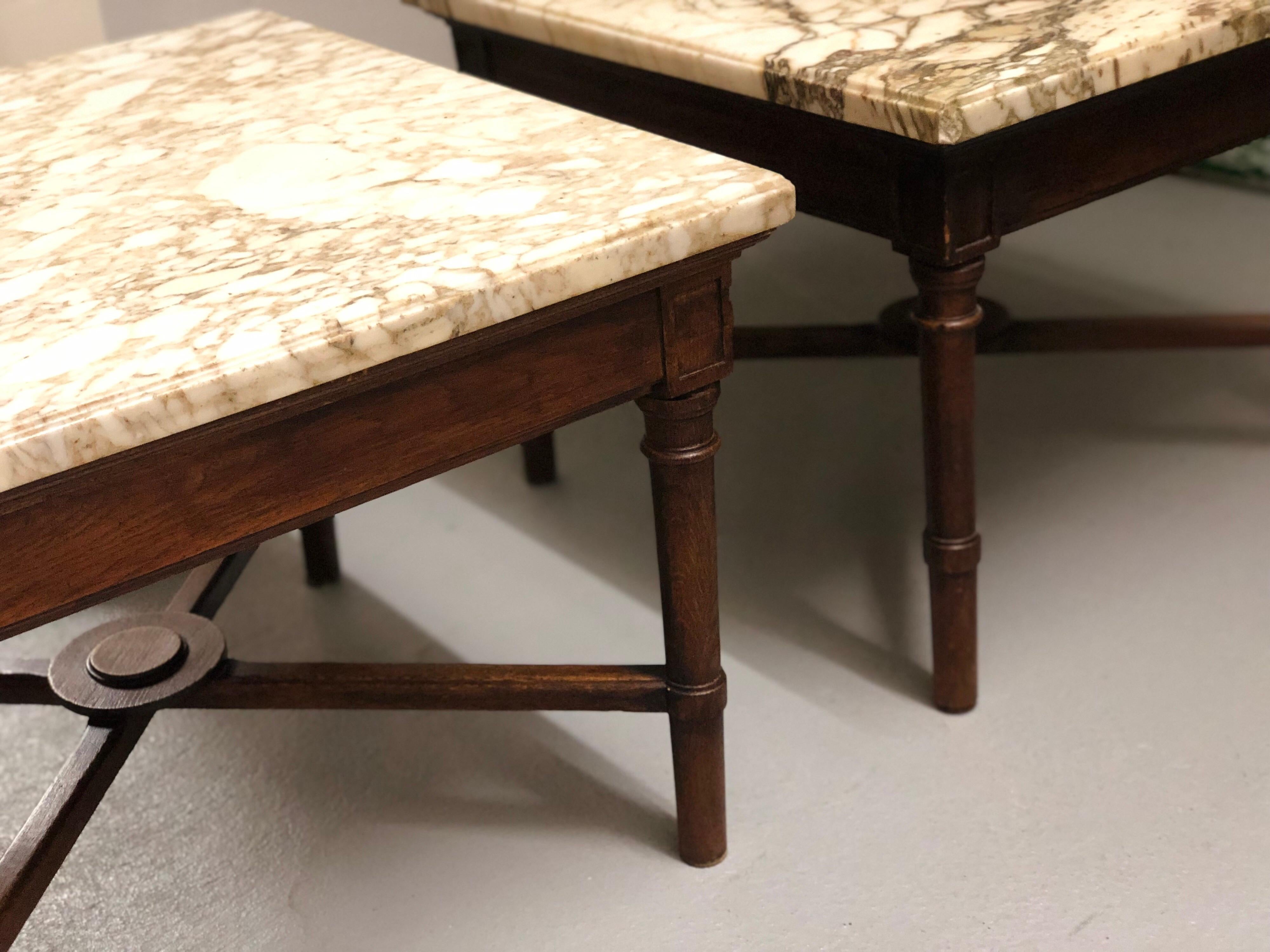 French Two Low Square Wood Marble Tables, France, circa 1960