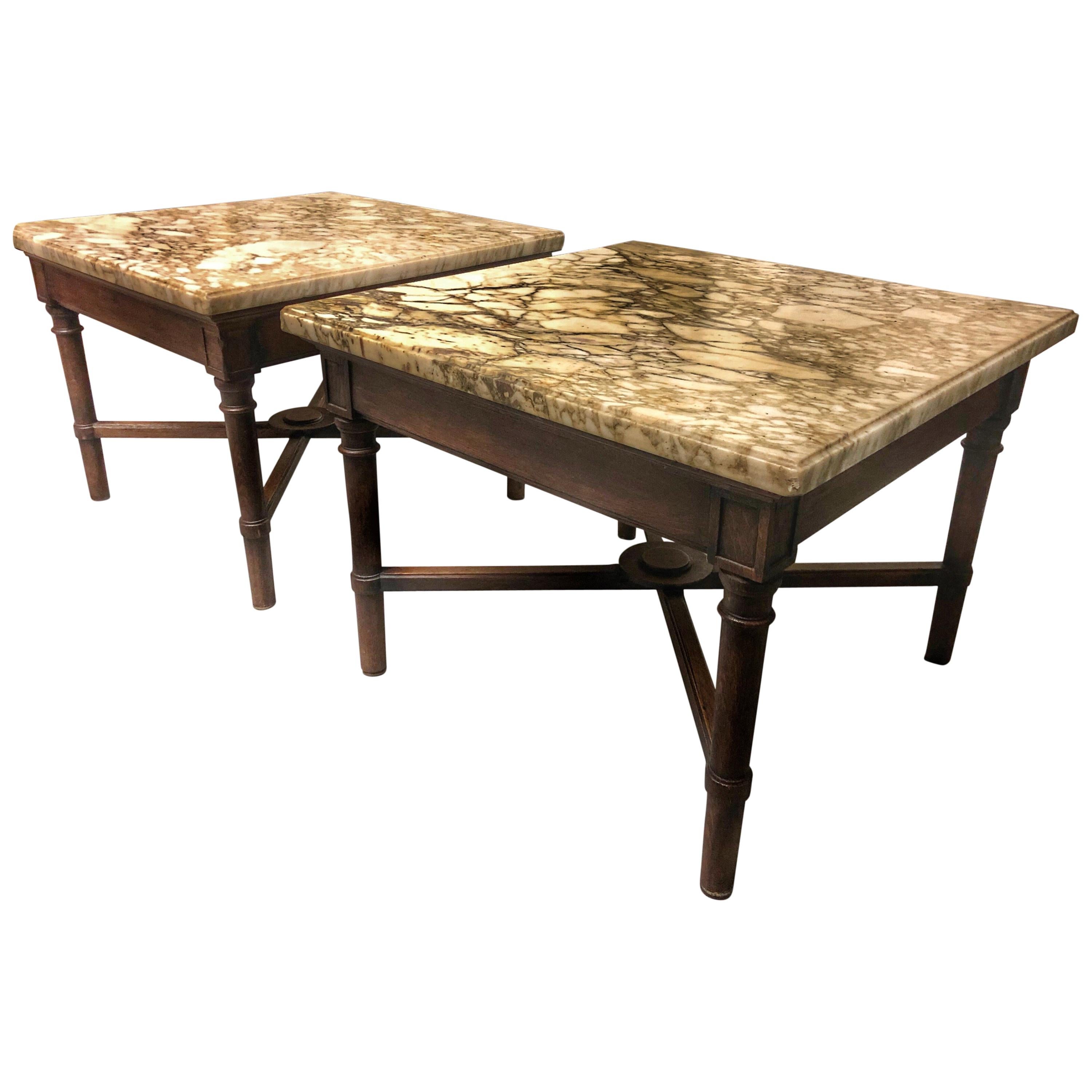 Two Low Square Wood Marble Tables, France, circa 1960
