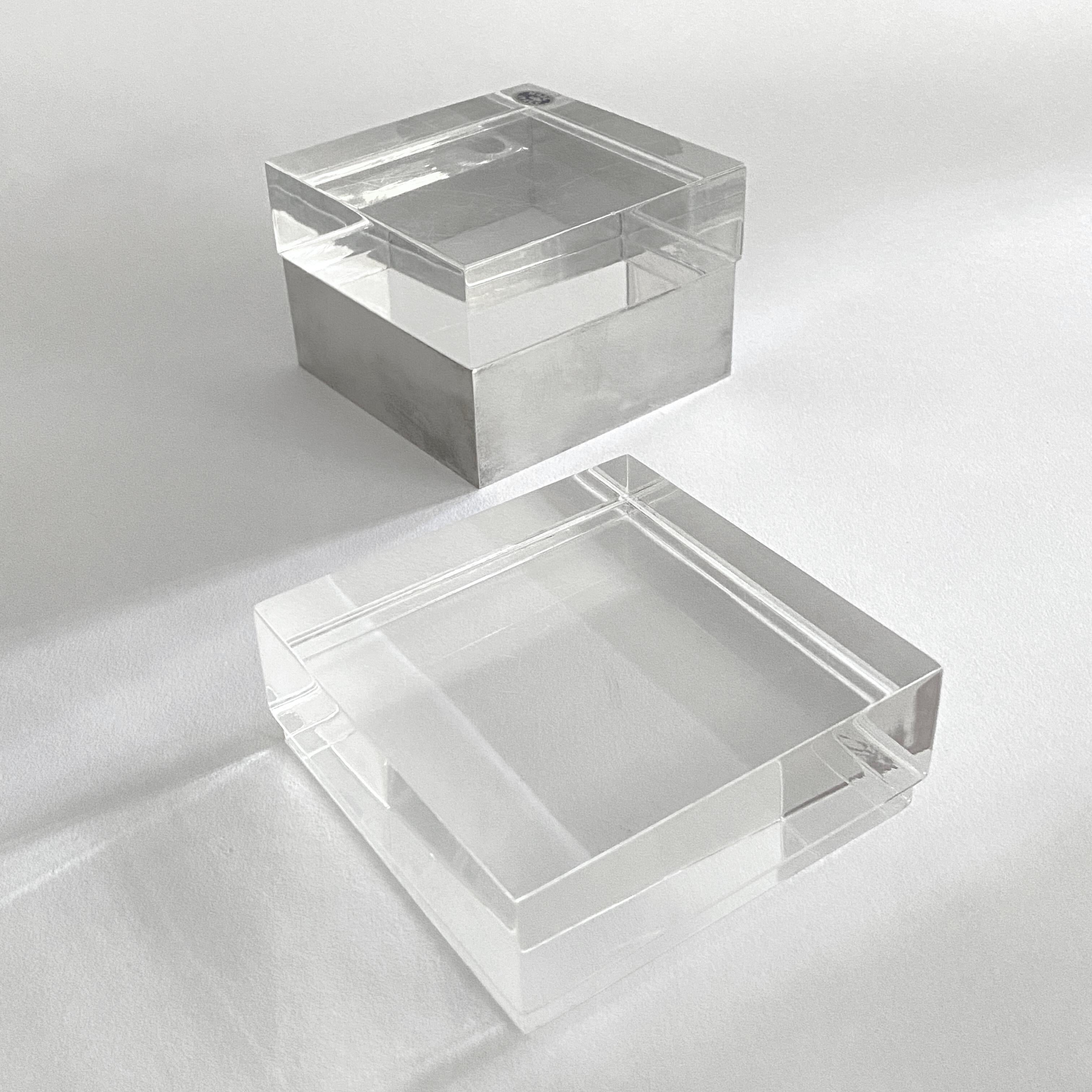 Italian Two Lucite And Silver Plate Boxes Designed By Gabriella Crespi For Sale