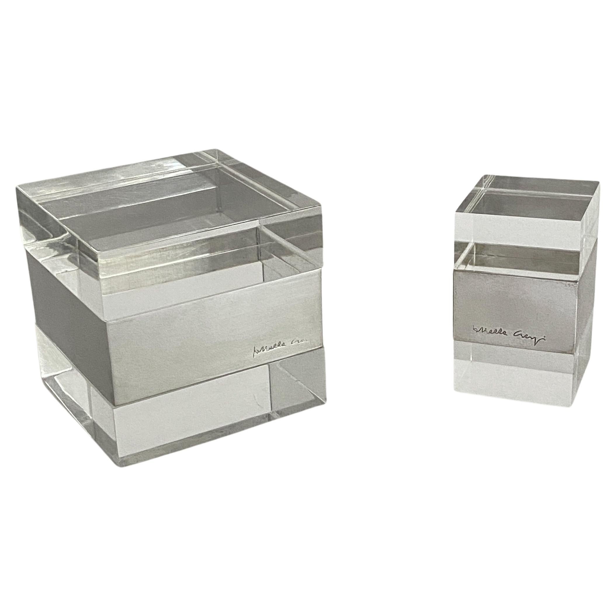 Zwei versilberte Schachteln aus Lucite und Silber, entworfen von Gabriella Crespi