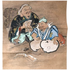   Japanese Antique Painted Scroll Two Lucky Old Friends