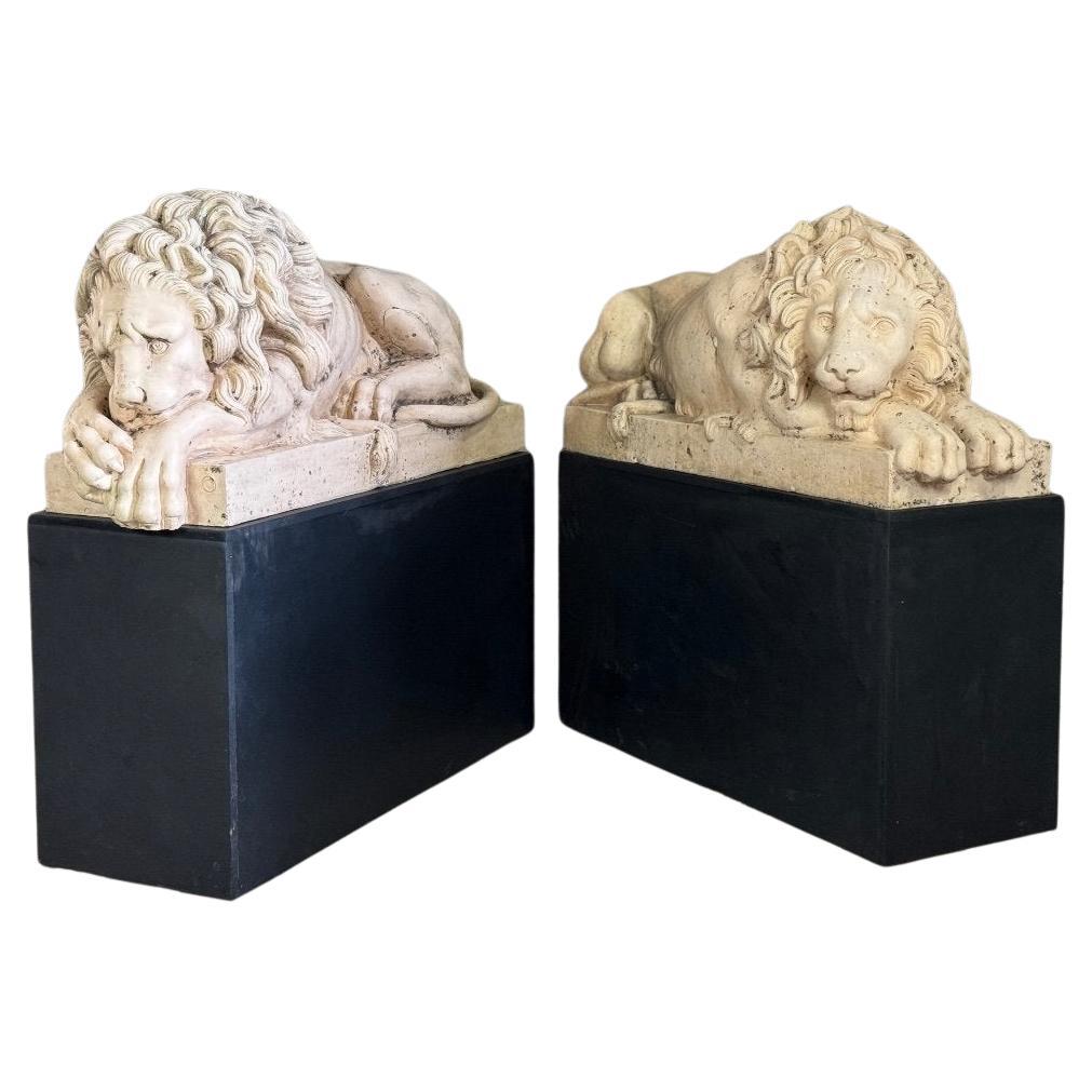 Two Lying Lions In White Terracotta After Canova, 19th Century For Sale