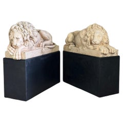 Two Lying Lions In White Terracotta After Canova, 19th Century