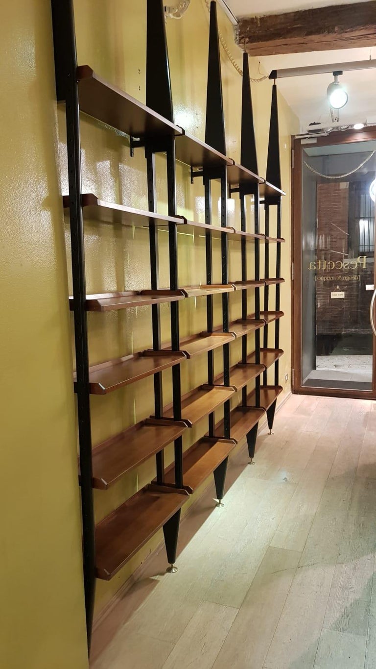 Two Mahogany Wood Adjustable Shelves Black Metal Uprights ...