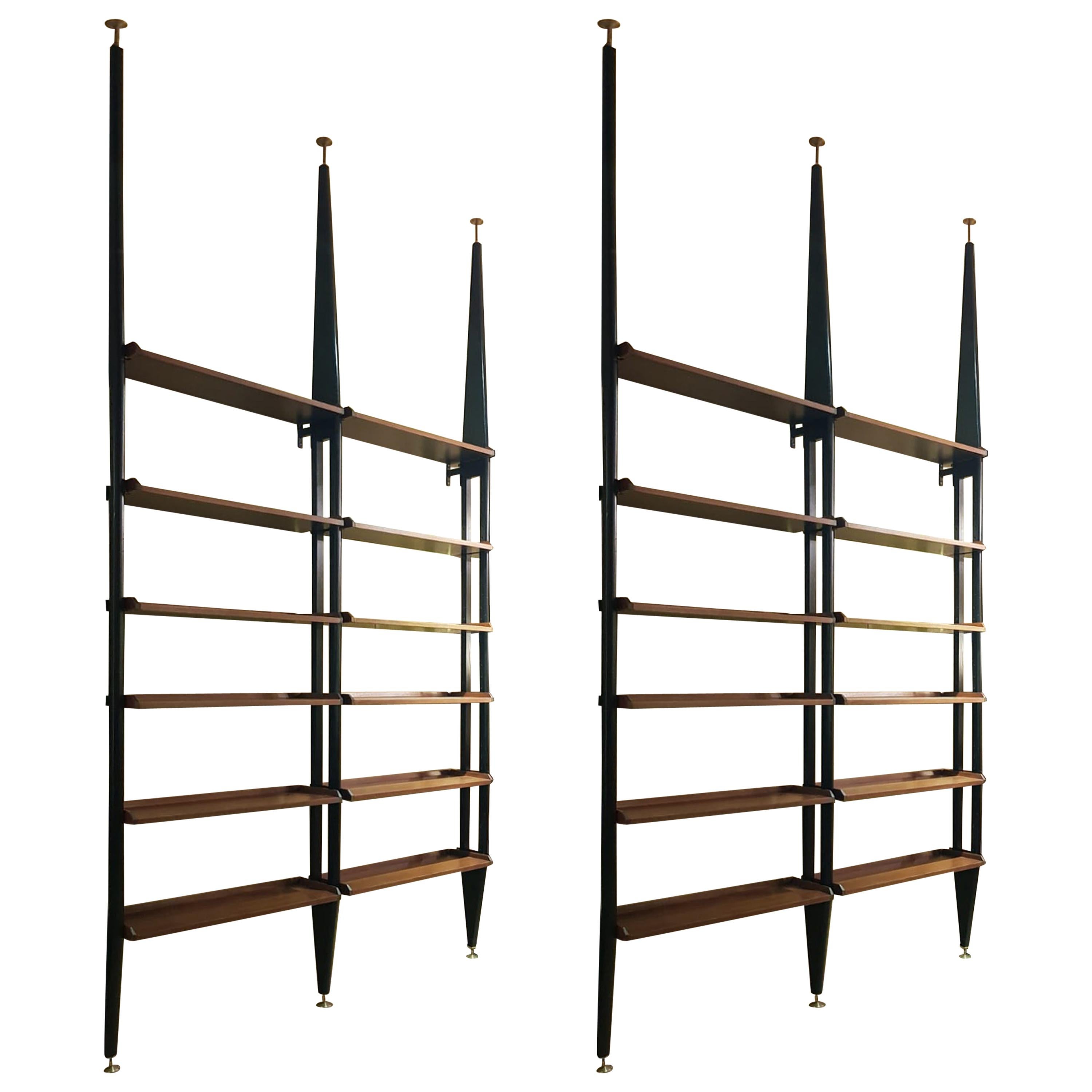Two Mahogany Wood Adjustable Shelves Black Metal Uprights Bookcases, Italy 1950s