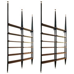 Two Mahogany Wood Adjustable Shelves Black Metal Uprights Bookcases, Italy 1950s