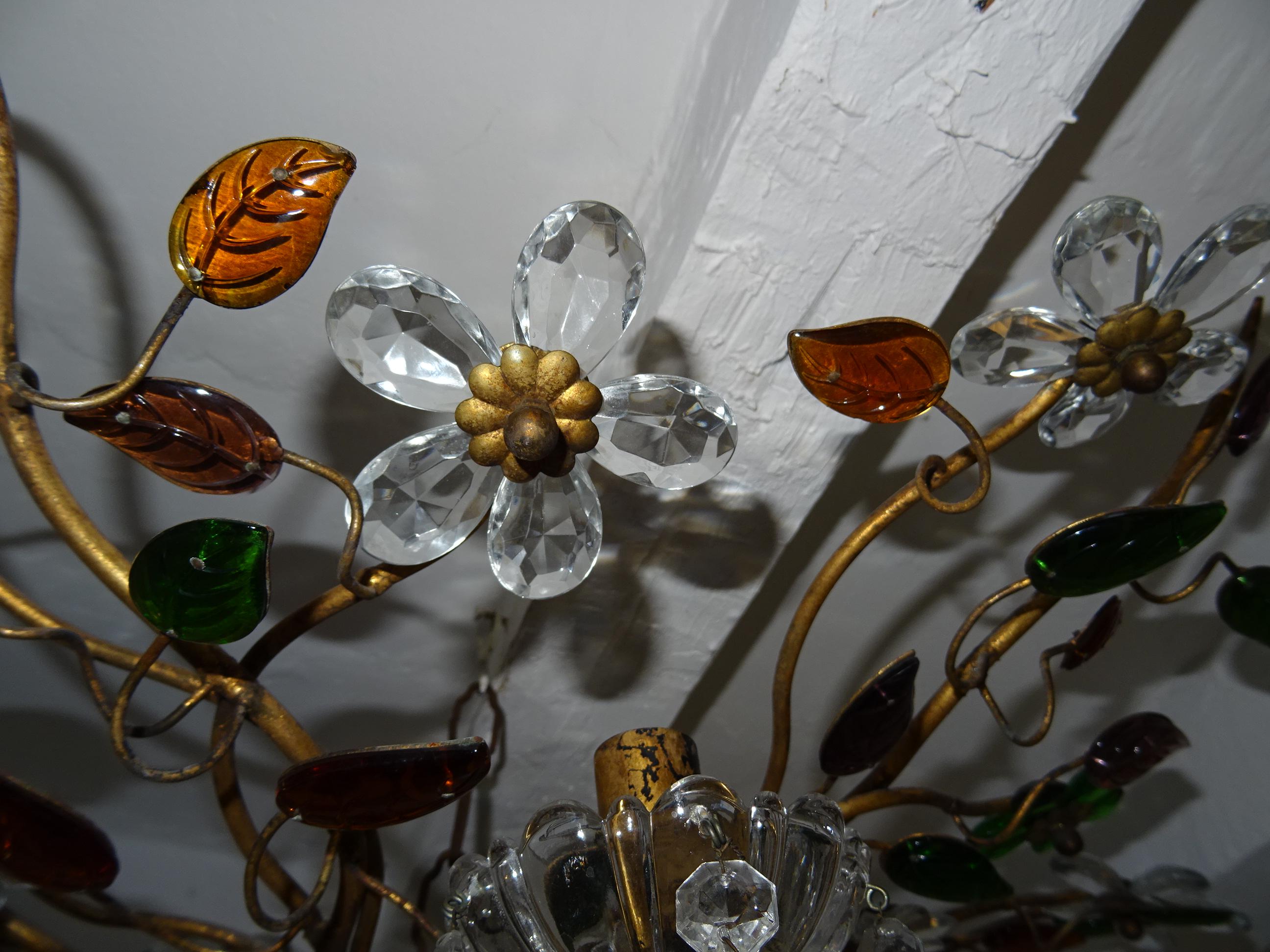 Two Maison Baguès Crystal Flowers Colors Leaves Flush mount C 1940 Chandeliers For Sale 5