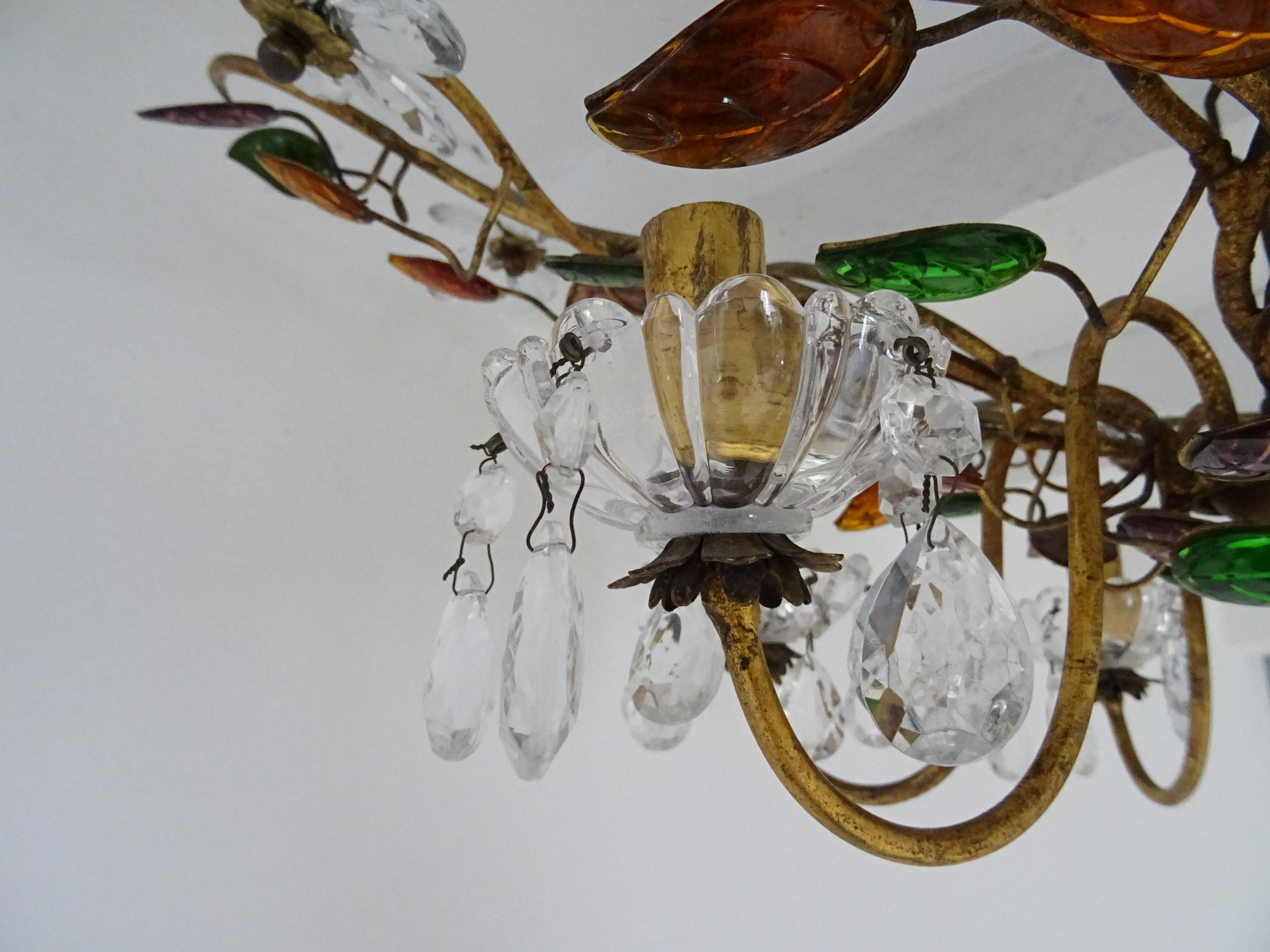 Two Maison Baguès Crystal Flowers Colors Leaves Flush mount C 1940 Chandeliers For Sale 8