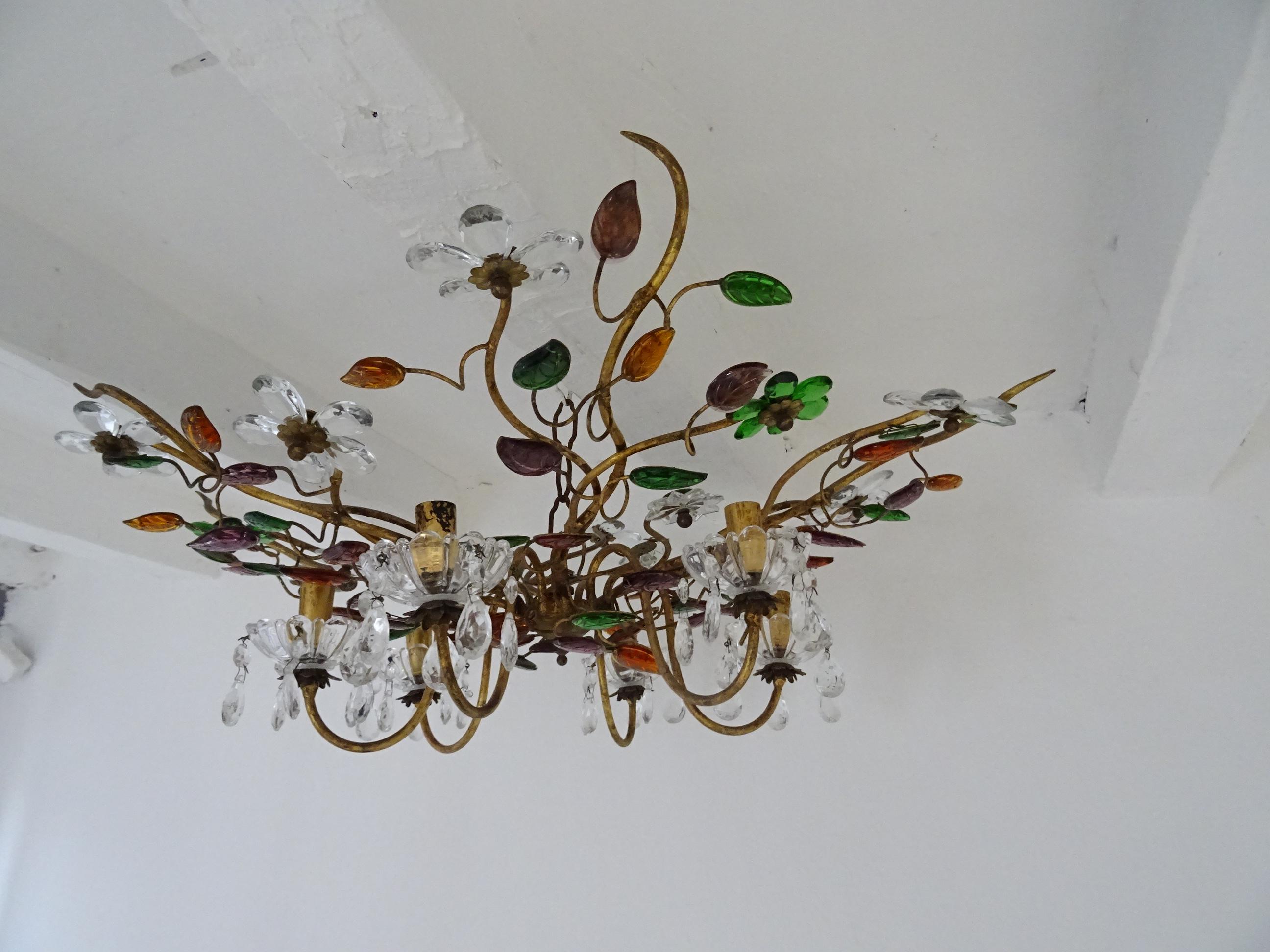 French Two Maison Baguès Crystal Flowers Colors Leaves Flush mount C 1940 Chandeliers For Sale