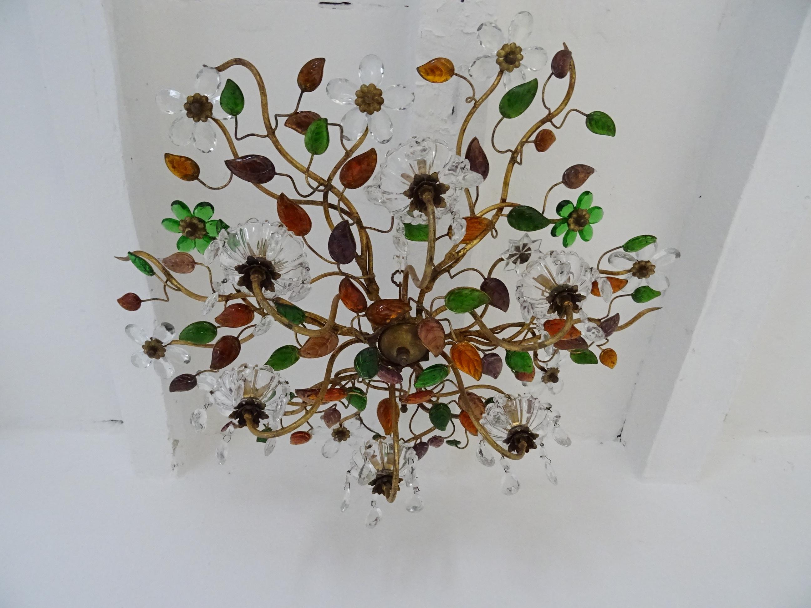 Two Maison Baguès Crystal Flowers Colors Leaves Flush mount C 1940 Chandeliers In Good Condition For Sale In Modena (MO), Modena (Mo)