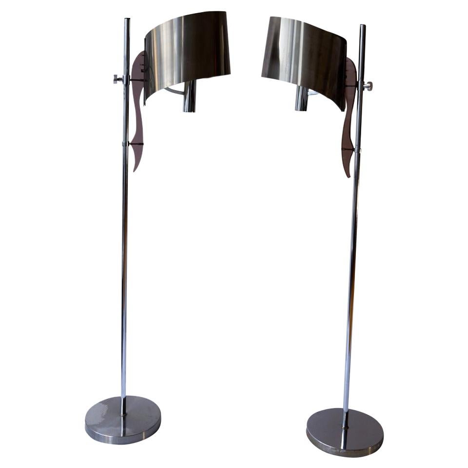 Two Maison Charles Standing Floor Lamp with Stainless Steele Shade 1970s, France