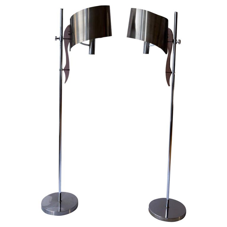 Two Maison Charles Standing Floor Lamp with Stainless Steele Shade 1970s, France For Sale