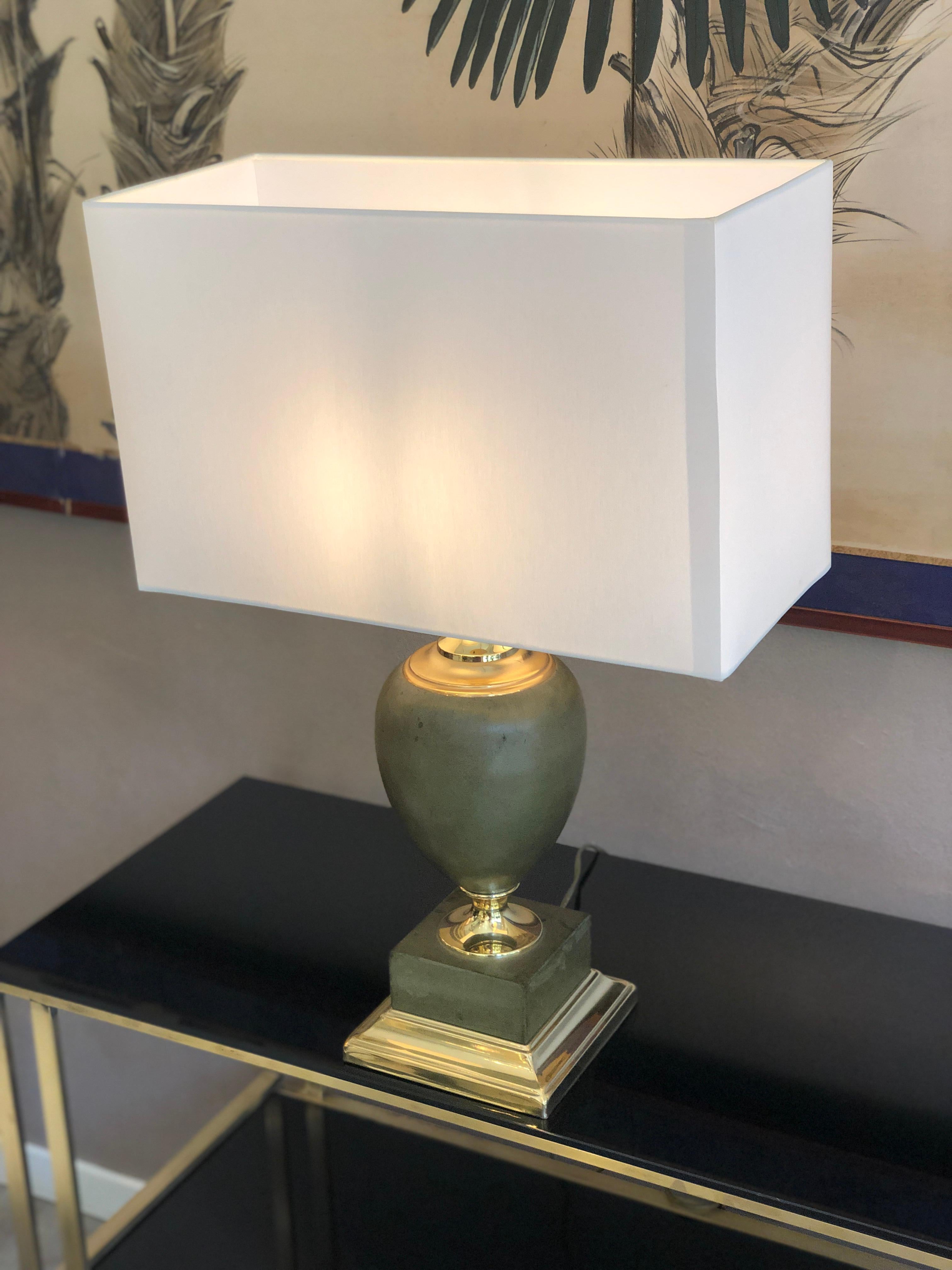 French Two Maison Le Dauphin a Pair of Regency Leather and Brass Table Lamps