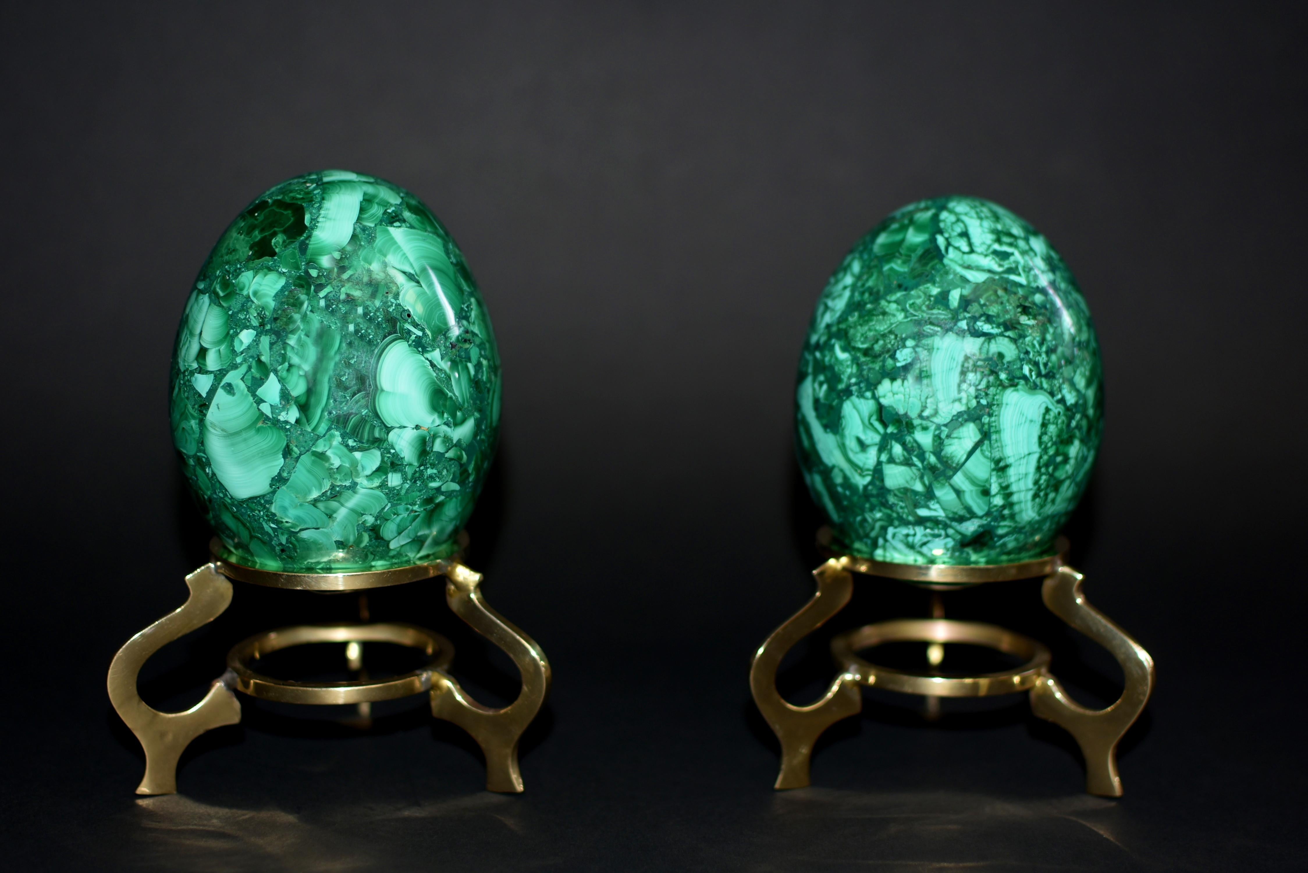 Unknown Two Large Malachite Eggs on Brass Stands For Sale