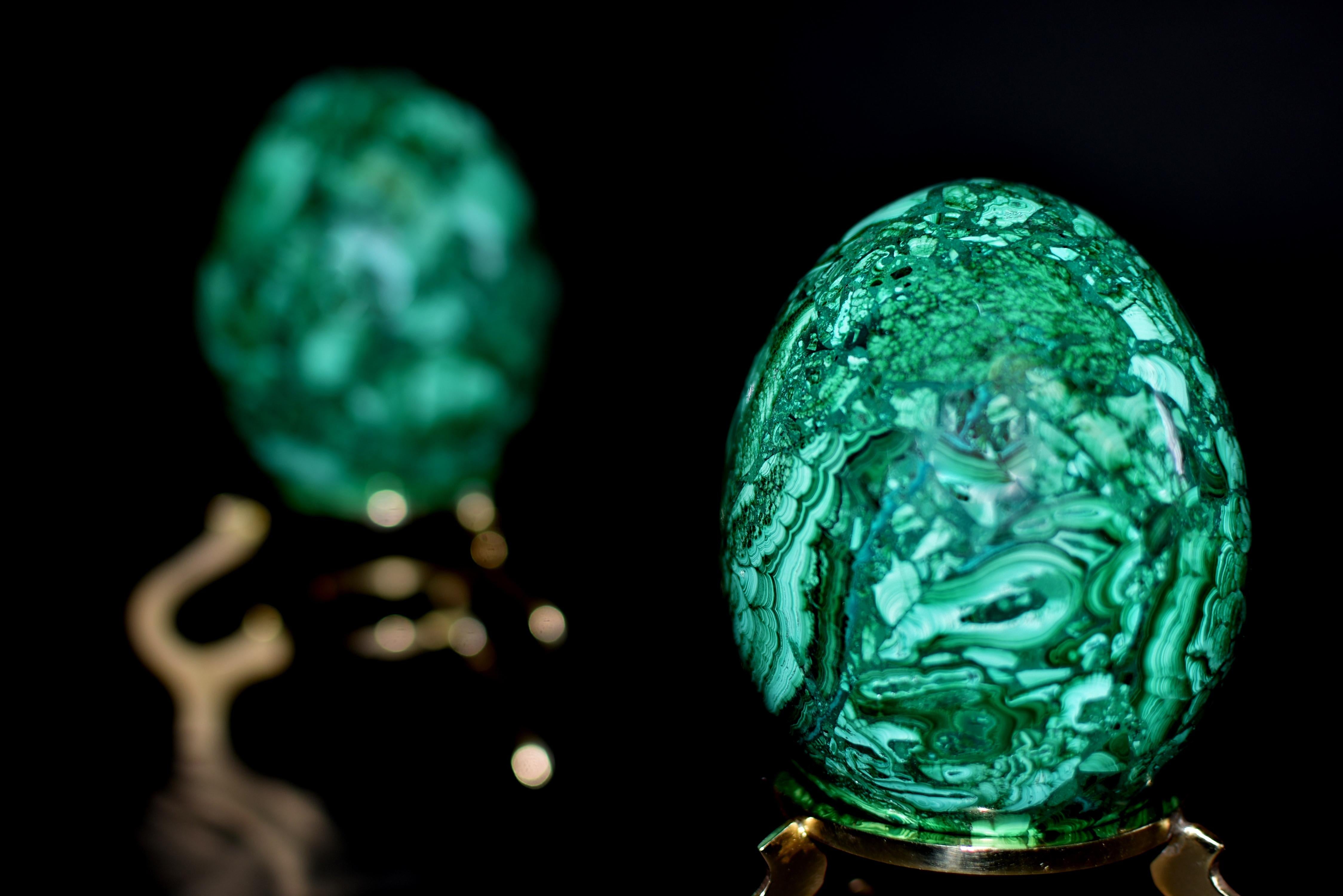 Hand-Crafted Two Large Malachite Eggs on Brass Stands For Sale