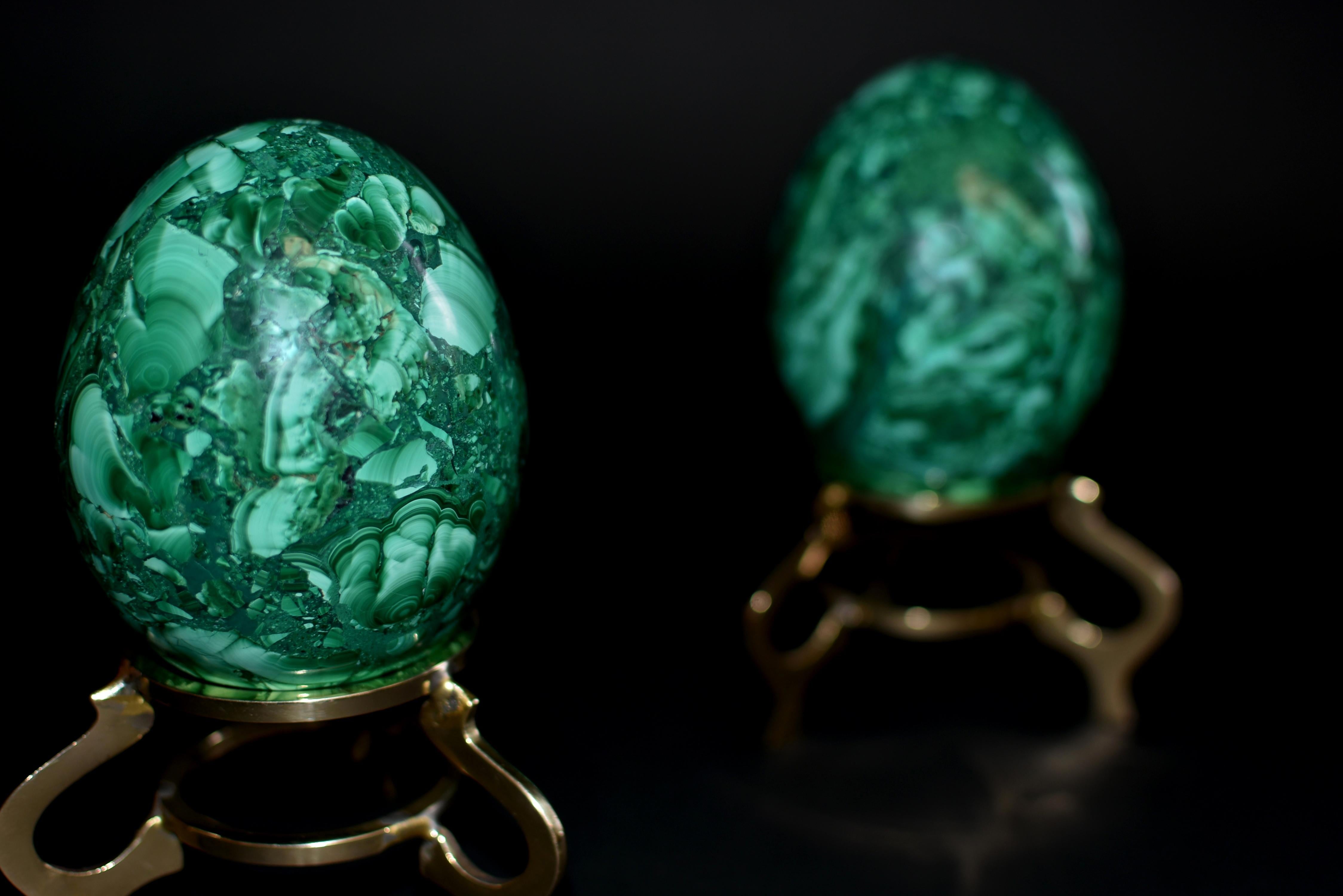 Two Large Malachite Eggs on Brass Stands In Good Condition For Sale In Somis, CA