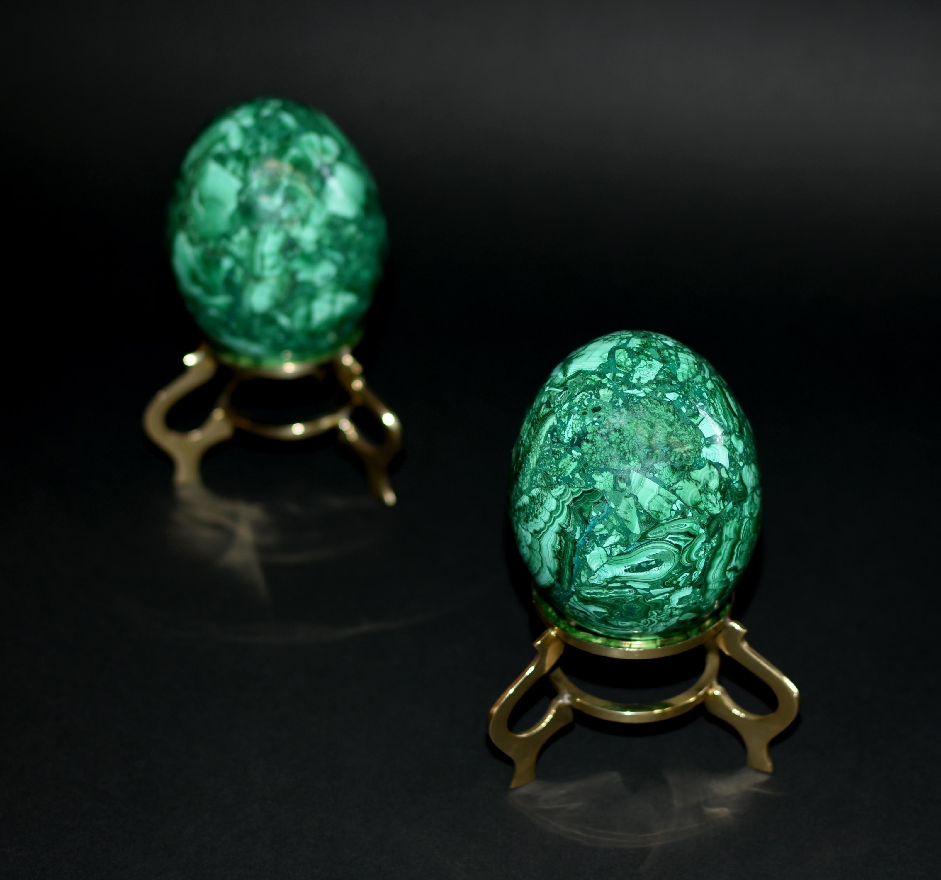 20th Century Two Large Malachite Eggs on Brass Stands For Sale