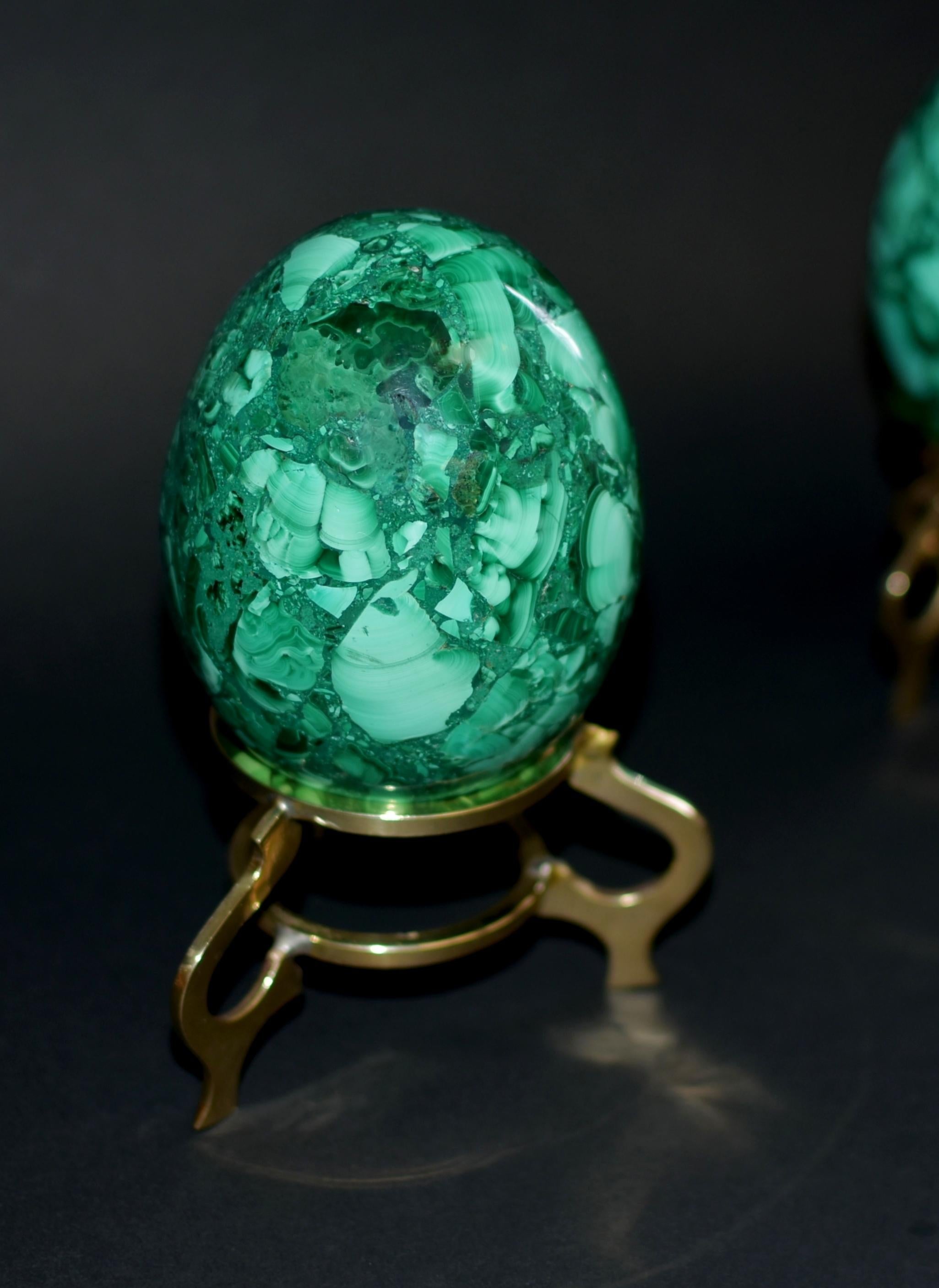 Two Large Malachite Eggs on Brass Stands For Sale 1