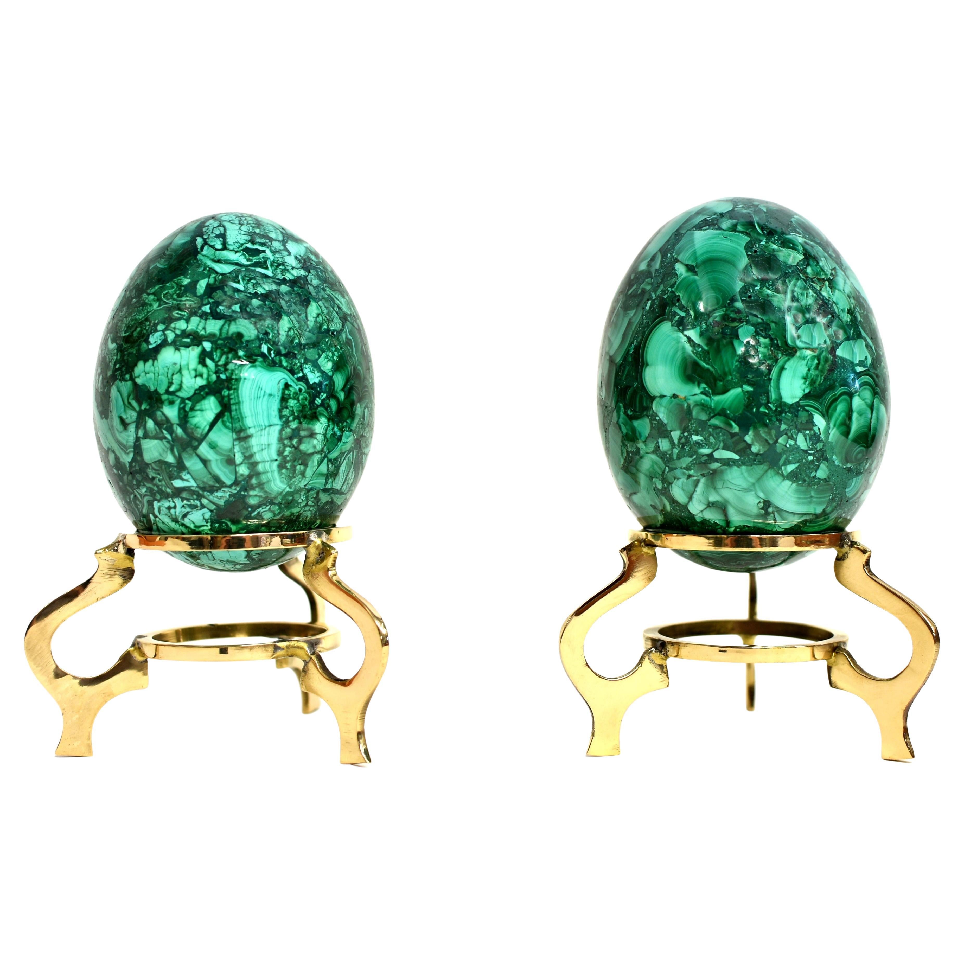 Two Large Malachite Eggs on Brass Stands