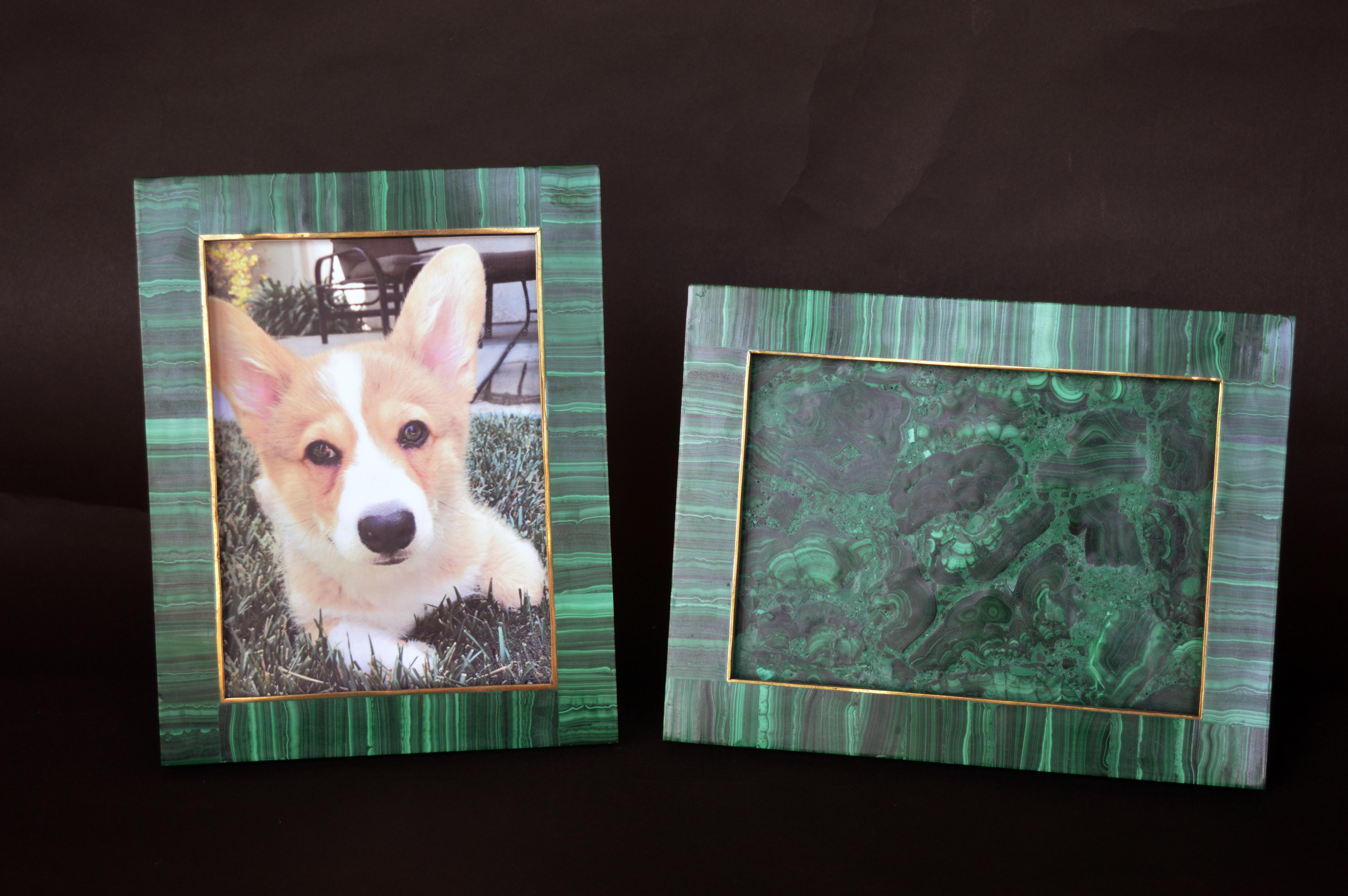 Two malachite picture frames. One is Landscape measuring 10 inches wide x 7.75 inches high. The other is Portrait. Each have a bronze inner frame.
Both hold pictures measured at 5.75 inches x 8 inches.