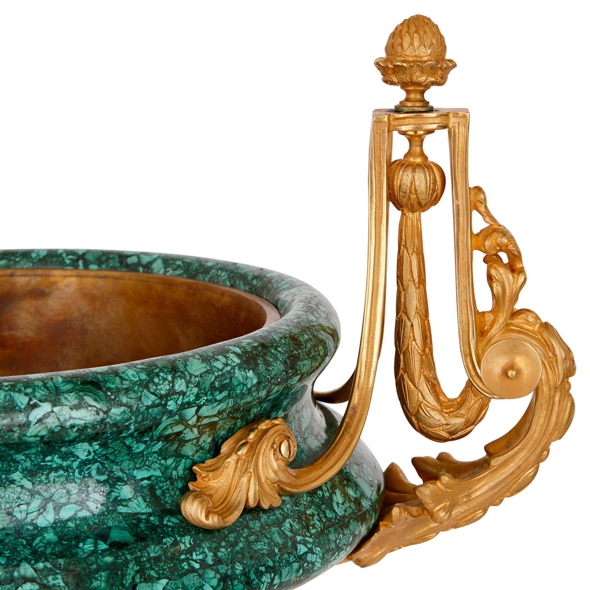 French Two Malachite Tazza Vases with Gilt Bronze Mounts