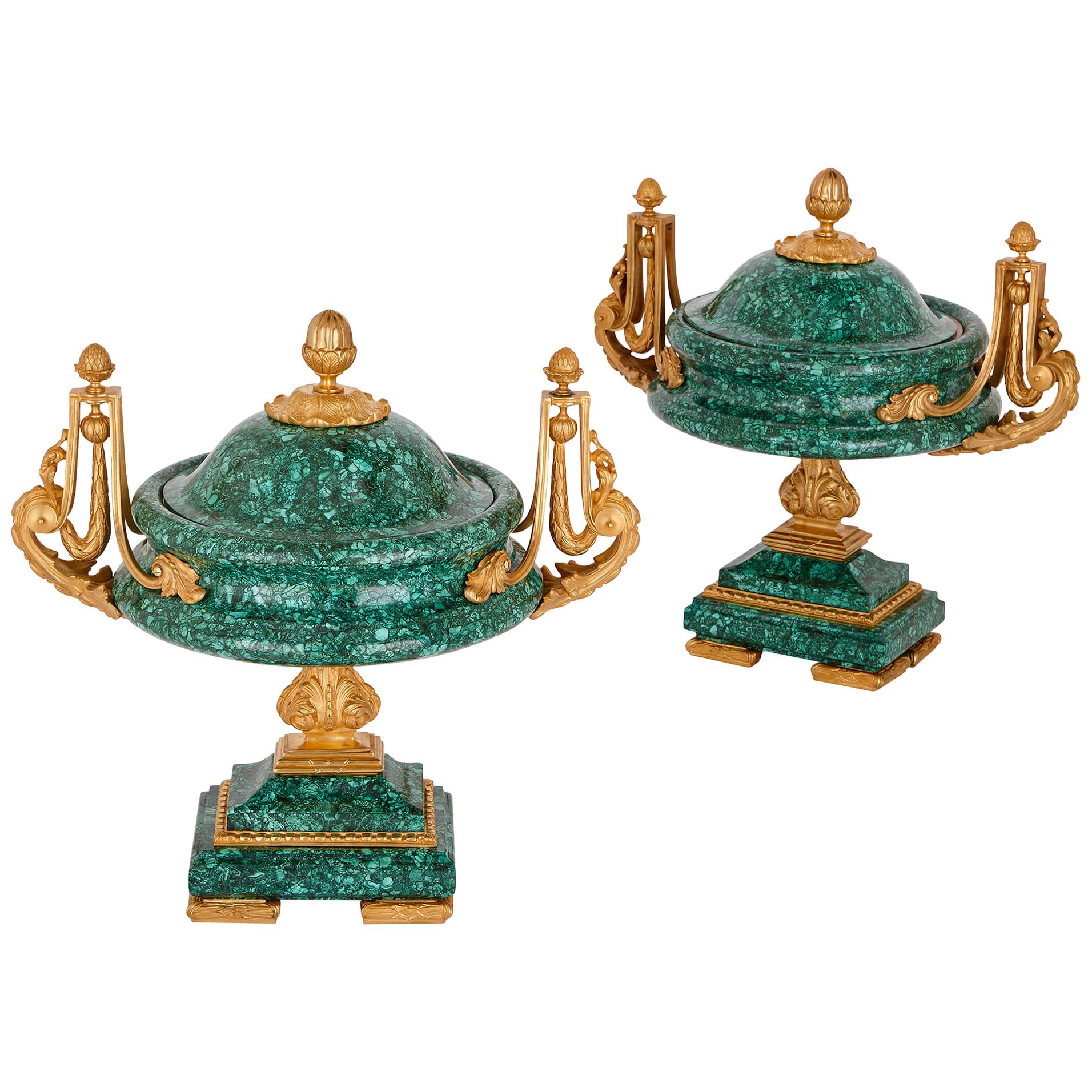 Two Malachite Tazza Vases with Gilt Bronze Mounts